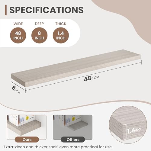 Acovy 48 Inch Floating Shelves, 8 Inch Deep Floating Shelves for Wall, Hanging Shelf with Invisible Brackets, Deep Shelves for Bathroom, Bedroom, Living Room, Grey, Set of 1 - Image 3