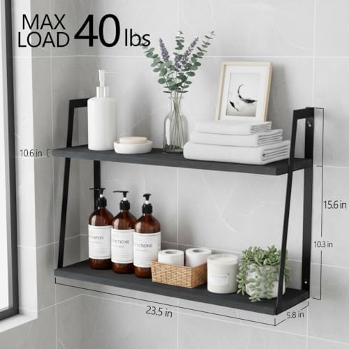 SRIWATANA Black 2-Tier Floating Wall Shelves, Rustic Wood Storage Shelf Set - Image 3