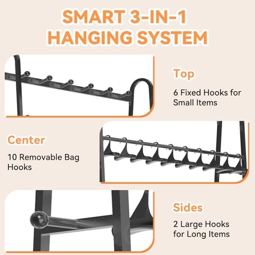 KAFAHOM Purse Organizer for Closet, Purse Rack - Tall Purse Shelf with 8 Hooks & 10 Removable Hangers to Hold Handbags, Backpacks, Pocketbooks., Perfect Purse Display Stand & Storage Tree,Black - Image 3