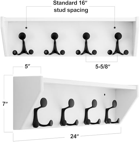 SKOLOO Wall Shelf with Hooks, 24-Inch White Coat Rack Wall Mount with Shelf Organizer - Heavy Duty, 4 Tri Hooks - Perfect for Entryway, Hallway, Living Room, Bedroom, Mudroom - Image 2