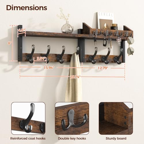 Evermagin 29" Coat Rack Wall Mount with Shelf for Entryway, Rustic Brown - Image 3