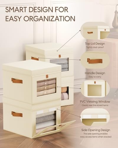 Homsorout Storage Bins with Lid – Closet Organizer with Side Opening and Clear Window, Foldable Stackable Fabric Basket for Clothes, Home, Office - 13.77" x 11.8" x 9.8", 5 Pack, Beige - Image 2