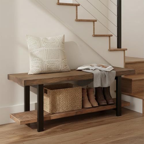 Pomona Solid Wood Entryway Bench with Shoe Rack, Rustic Brown, 48 Inch - Image 2