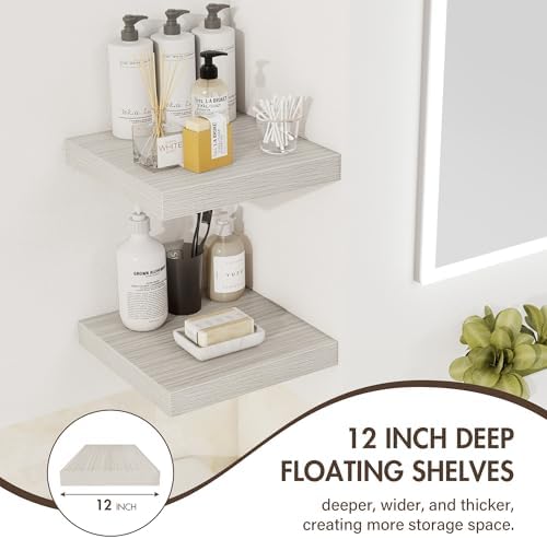 Acovy 12 Inch Floating Shelves, 12" Deep Floating Shelf Wall Mounted, 12" Wall Shelves, Rustic Deep Bookshelf, Extra Deeper Display Shelves & Storage Shelves for Bedroom, Living Room, Set of 3 - Image 5
