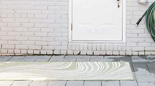 Unique Loom Outdoor Modern Collection Area Rug - Pool (2' x 6' 1" Runner, Green/ Ivory) - Image 3