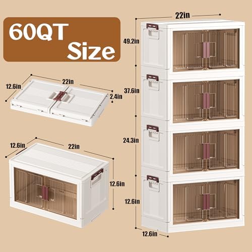 60GAL/240QT 4 tier large stackable storage bins with lid and wheels, collapsible storage bins plastic with doors，suit for clothes, closet, home and office - Image 2