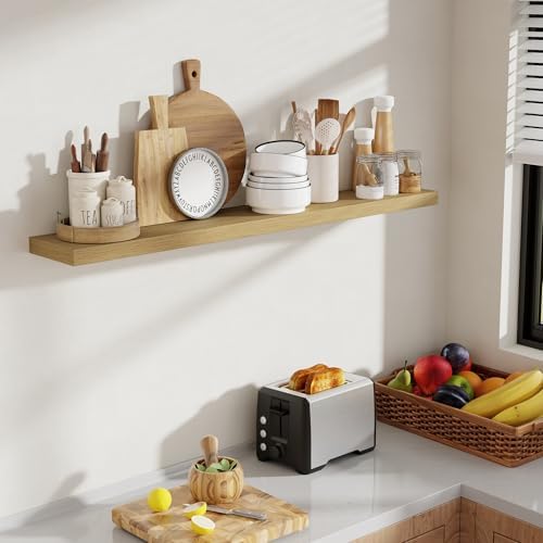 Acovy 48 Inch Floating Shelves, 8 Inch Deep Floating Shelves for Wall, Hanging Shelf with Invisible Brackets, Deep Shelves for Bathroom, Bedroom, Living Room, Oak, Set of 1 - Image 2