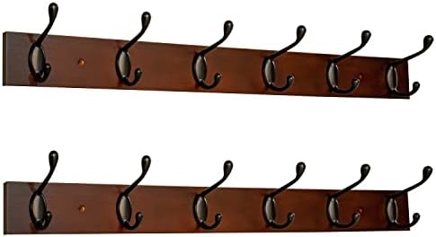 Coat Rack Wall Mount - 24 Inch with 6 Coat Hooks, Wall hat Hanger, Coat Racks, Walnut, Pack of 2 by ROOREVO