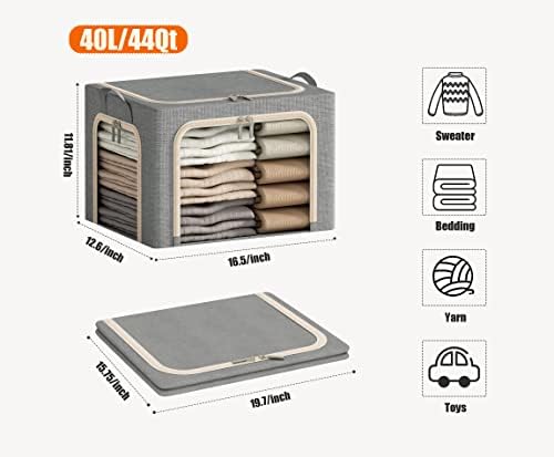 3 Openings Clothes Storage Bins with Metal Frame, Foldable Storage Bin for Clothes, Clothing Storage Bins with Lid, Linen Storage Box With Clear Window＆ Zippers＆ Durable Handles.(3 Pcs,Light Grey,40L) - Image 6