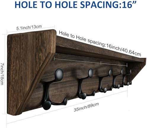 WEBI Wall Shelf with Hooks Underneath,35" Long Wall Mounted Coat Rack with Shelf,Entryway Coat Rack with 5 Triple Hooks for Hanging Coats,Jacket,Hallway,Bedroom,Mudroom,Weathered Brown - Image 6