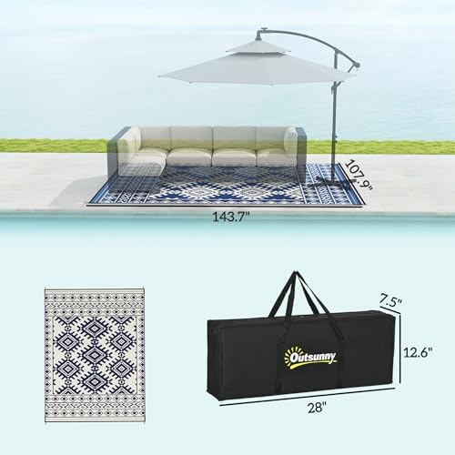 Outsunny Outdoor Rug for Patio Waterproof 9' x 12' Blue & White Rhombus - Image 3