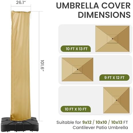 Cantilever Patio Umbrella Cover Outdoor Offset Table Umbrellas Cover with Zipper and Rod UV Resistant Waterproof for Garden Deck Backyard Pool, Khaki - Image 3