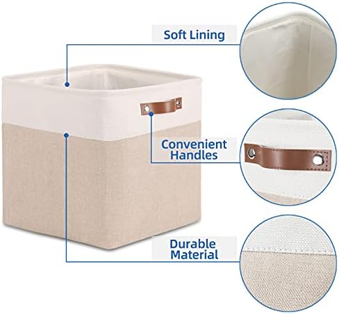 Temary Cube Storage Bins 13x13 Fabric Storage Cubes Baskets Set Of 4 Cloth Baskets for Shelf, Large Bin Empty Basket for Organizing, Shelf Basket (White&Khaki) - Image 3
