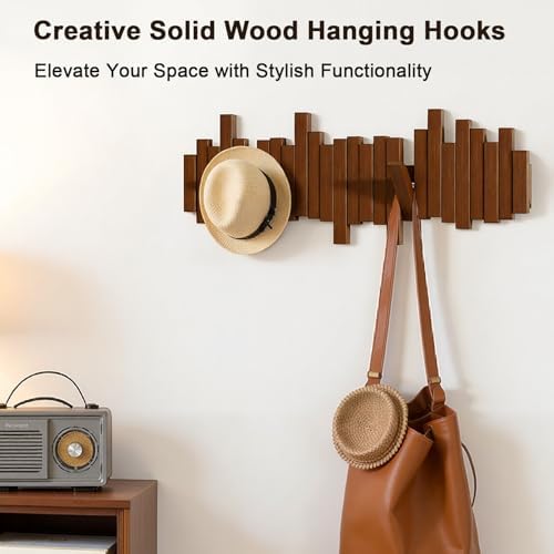 Modern Wooden Coat Rack, Key Holder wall Mount– Handmade Solid Walnut Hook Rack with Hidden Mount, Decorative Entryway Wall Hooks for Coats, Bags & Hats, Space-Saving Design (Brown,6 Hooks) - Image 2