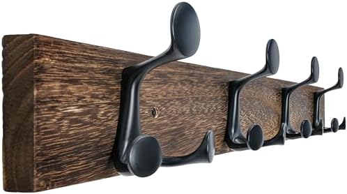 WEBI Coat Rack Wall Mount,24" Solid Wood Coat Hooks Wall Mounted Coat Hanger,16" Hole to Hole,Heavy Duty Hook Rack Rail,4 Triple Hooks for Hanging Coats,Jacket,Clothes,Hat,Backpack,Weathered Brown by WEBI