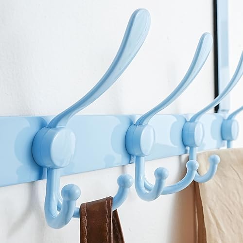 Dseap Over The Door Hook Hanger - Fits 1 3/8" to 1 3/4" Standard Doors | 5 Tri Hooks Heavy Duty Towel/Coat Rack | Door Organizer for Clothes, Jackets, Hats, Towels, Blue, Pack of 2 - Image 2