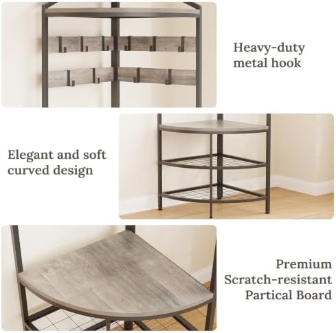 GiftGo Grey Corner Hall Tree with Shoe Bench Entryway Coat Rack with 10 Metal Movable Hooks Rustic Farmhouse Floorstanding Clothes Rack Shoes Shelf Organizer for Home Office Bedroom (Greige) - Image 6