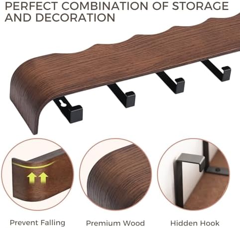 Coat Rack Wall Mount with Shelf Entryway Shelf Modern Key Holder Hanger Wall Shelves with Hidden Hooks for Hanging Towels Coats Hats Bags for Hallway Bathroom Bedroom(Wavy Walnut Color, 8 Hooks) - Image 5