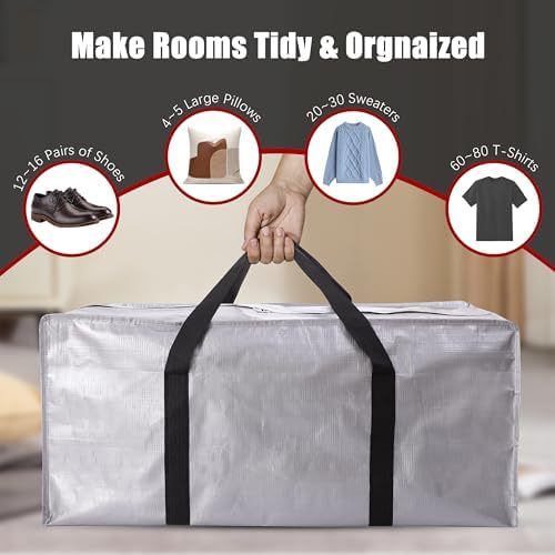 PANDA JOYS Extra Large Moving Bags with Zippers & Carrying Handles, Heavy-Duty Storage Tote for Space Saving Moving Storage, Fold Flat, Alternative to Box and Bin - 12 Pack, Silver - Image 4