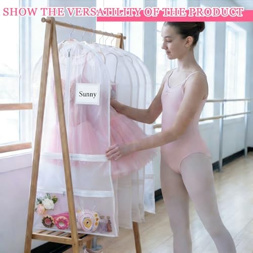 Nuenen 12pcs Garment Bags for Dance Costume Clothing Bags Hanging Clothes Clear Dance Garment Carrier for Dancers with 5 Zipper Pockets Closet Hanging Clothes Cover (White) - Image 6