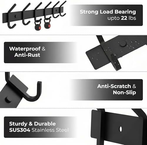 Coat Rack Wall Mount – 17 Inch Stainless Steel Hook Rail with 6 Double Coat Hooks for Hanging – Wall Mounted Entryway Organizer for Coats, Hats, Bags, Towels, Robes, Closet or Bathroom - Black 3 Pack - Image 3