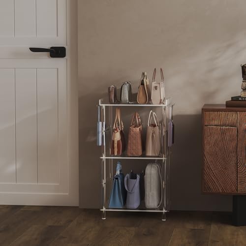HMYHUM Acrylic 3-Tier Purse Organizer, Floor-Standing Handbag Rack with 6 Side Hooks, Clear Large-Capacity Handbag Holder for Closet - Image 5