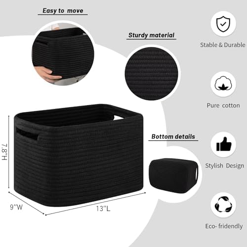 4 Pack Storage Baskets for Organizing Toys, Towels, and Clothes, Woven Basket for Shelves, Sturdy Nursery Cube Bins for Storage, 13''L x9''W x7.8''H, Black - Image 2