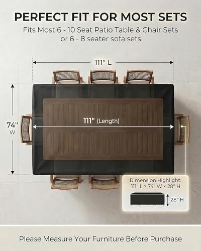 Outdoor Patio Furniture Cover Rectangular, Heavy Duty 600D Waterproof Cover for Table & Chair Set, Windproof,UV Resistant, All-Season Protection for Backyard,Deck & Garden,111" L x 74" W x 28" H,Black - Image 4