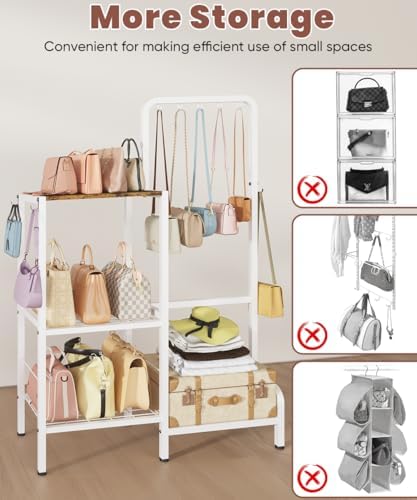 Floor-Standing 3-Tier Purse Organizer, High-Capacity Bag Holder with 8 Hooks, Multi-Functional Purse Rack for Various Bags, Handbag Display Stand Shelf for Closet, Bedroom, Entryway, White - Image 5