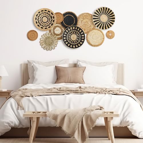 11 Pcs Boho Hanging Wall Basket Decor Handmade Woven Basket Wall Decorative Boho Wicker Baskets Placemats Round Farmhouse Bulrush Art for Rustic Home Decorations Christmas Gift(Assorted) - Image 6