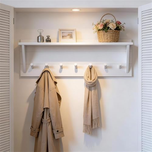 WEBI Coat Rack Wall Mount with Shelf,30" Long Entryway Wall Shelf with Hooks Underneath,7 Peg Hooks for Hanging Coats,Caps,Jacket,Clothes,White - Image 4