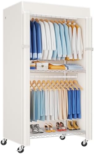 ULIFHOME P8C Heavy Duty Clothes Rack（With Extended Width Design） Rolling Clothing Racks for Hanging Clothes with Lockable Wheels，31.5" W x 15.8" D x 80.5" H，Max Load 600LBS，White Rack with White Cover by UlifHome
