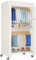 ULIFHOME P8C Heavy Duty Clothes Rack（With Extended Width Design） Rolling Clothing Racks for Hanging Clothes with Lockable Wheels，31.5" W x 15.8" D x 80.5" H，Max Load 600LBS，White Rack with White Cover by UlifHome