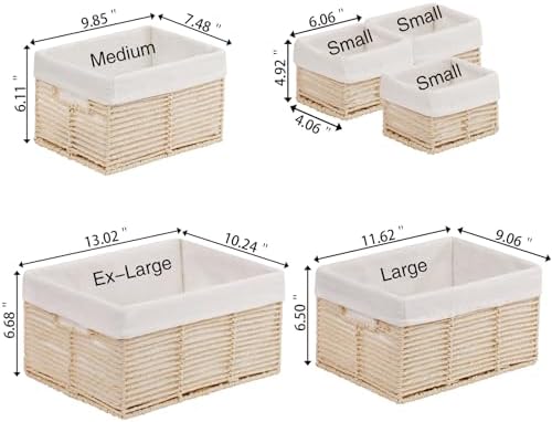 Vagusicc Wicker Storage Baskets, 6 Pack Baskets for Organizing, Wicker Basket with Handle, Rectangular Basket for Storage Shelves, Cube Storage Bins for Closet/Clothes/Dresser, Beige - Image 2