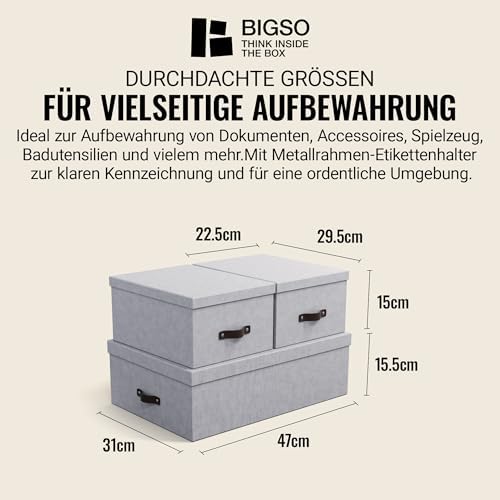Bigso Box of Sweden Set of 3 Storage Boxes with Lids - Organiser Box for Clothes, Office Equipment and More - Wardrobe Storage Boxes with Labels for Bedding or Seasonal Clothing - Grey - Image 3