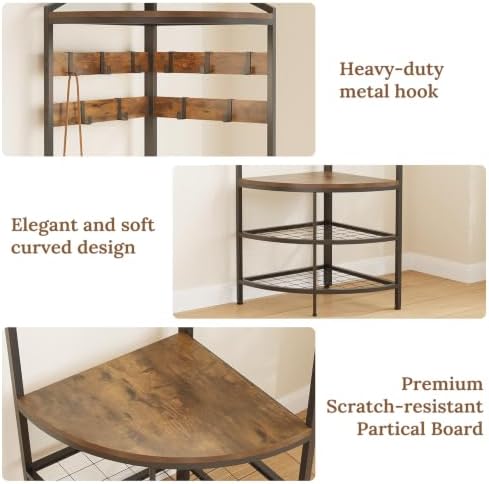 GiftGo Corner Hall Tree with Shoe Bench Entryway Coat Rack with 10 Metal Movable Hooks Floor Standing Clothes Rack Shoes Shelf Organizer for Home Office Bedroom (Rustic Brown) - Image 6