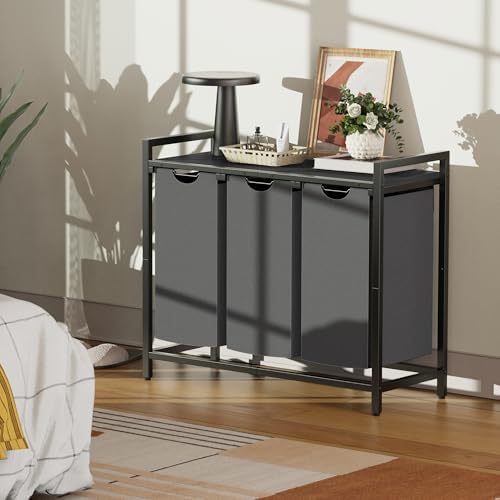 Laundry Hamper, Laundry Basket, Laundry Sorter with 2 Pull-Out and Removable Bags, Shelf, Laundry Room Storage with Table, for Bathroom, Bedroom, 3 x 10.5 Gal (40L), Grey - Image 4