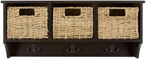 SAFAVIEH Home Collection - Finley Dark Chocolate Brown Wall Mounted 3-Basket Storage Rack with Hooks & Seagrass Baskets (HAC5700D) by Unknown