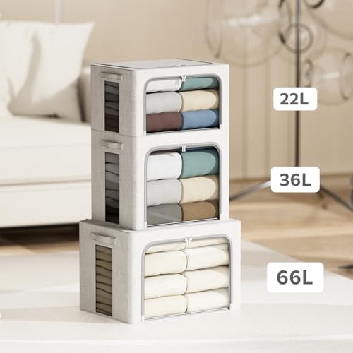 4 Pack Clothes Storage Bins with Metal Frame - 36L Stackable Storage Box with Lid，Foldable Storage Container Organizer for Clothes，Linen Fabric Storage Box with Clear Window＆Zippers＆Handles - Image 5