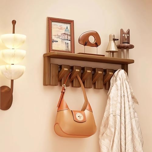 Paint Wood Wall Mounted Coat RackHooks Piano Key Hangers Natural Solid Wood Hanger Non-Woven Fabric Clothes Hangers for Closet, Kitchen, Bedroom, Bathroom, Entryway（Shelf+Walnut 6 Hooks） by MurphyBedKitMattresFrame