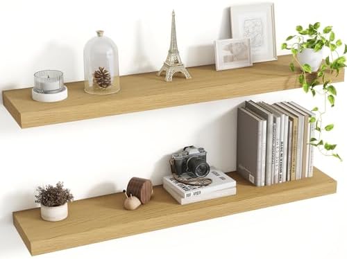 Acovy 36 Inch Floating Shelves, 8 Inch Deep Floating Shelves for Wall, Hanging Shelf with Invisible Brackets, Deep Shelves for Bathroom, Bedroom, Living Room, Oak, Set of 2 by Acovy