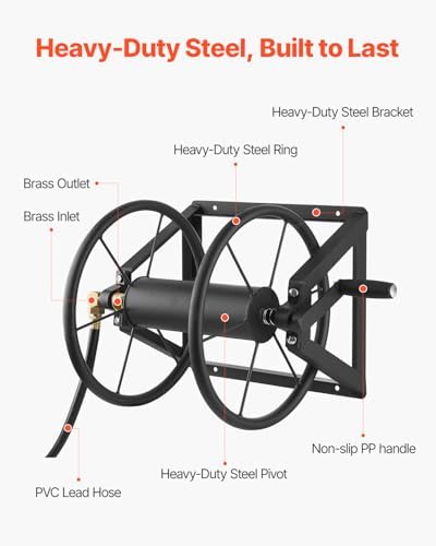 VEVOR Wall Mounted Garden Hose Reel, Holds 200 ft 5/8-inch Manual Water Hose Winder, Heavy-Duty Steel, Outdoor Reel with Brass Fitting & 5ft Leader Hose, Space Saving, for Yard Lawn Garage - Image 3