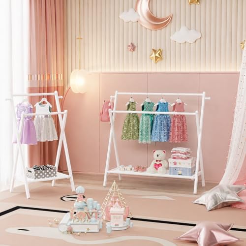 BAMBOOHOMIE Kids Clothing Rack, Small Clothes Organizer Rack, Kids Dress Up Rack with Storage Shelf & Double Rods, Bamboo Child Garment Rack for Playroom Toddler's Bedroom (Large Size - White) - Image 6