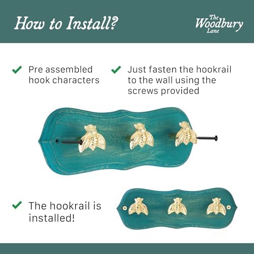 Vintage Wall Mounted Coat Rack with 3 Polished Brass Bee Hooks – Solid Green Wood Base, Hook Rail for Bags & Leashes Towels– Nature Inspired Organizer for Entryway, Bedroom & Nursery - Image 3