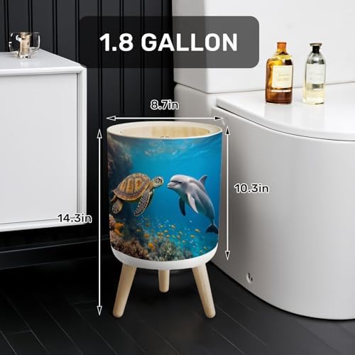 Trash Can with Lid Dolphin Turtle Underwater Reef Small Garbage Can with Legs Waste Bin Press Cover Wastebasket for Kitchen Bathroom Living Room 7L/1.8 Gallon - Image 2