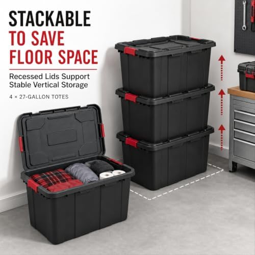 27 Gallon Latching Storage Totes with Handles, Black, 4 Pack - Image 5