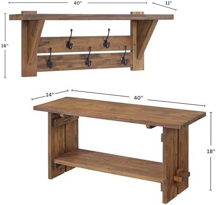 Alaterre Bethel Rustic Solid Wood Bench & Wall Mounted Coat Rack, Natural - Image 3