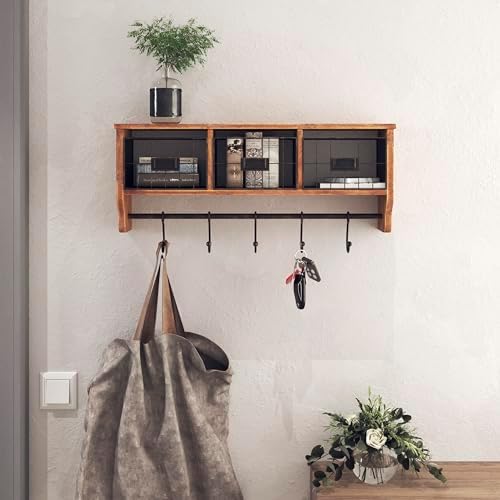 BizChair Wall Mounted Storage Rack - Rustic Brown Solid Pine Wood - 24 Inch - Upper Shelf - 5 Hooks - Wire Baskets - For Entryway, Kitchen, Bathroom - Image 2