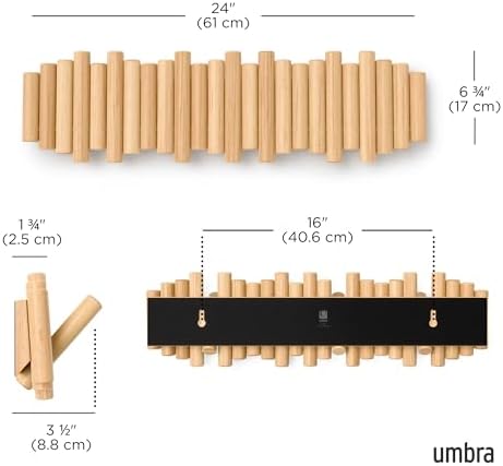 Umbra Picket Coat Rack with 8 Hooks – Natural Wall-Mounted Coat Rack with Flip-Down Wooden Hooks, Real Pine Wood Decorative Wall Storage for Jackets, Hats, Scarves, Bags, Entryway, Bedroom Living Room - Image 3