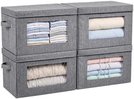4-Pack Large Storage Bins with Lids & Clear Window, Foldable Fabric Closet Organizer Boxes, Stackable Cube Baskets with Soft Handles for Clothes & Blankets, 17”, Grey by Anywish